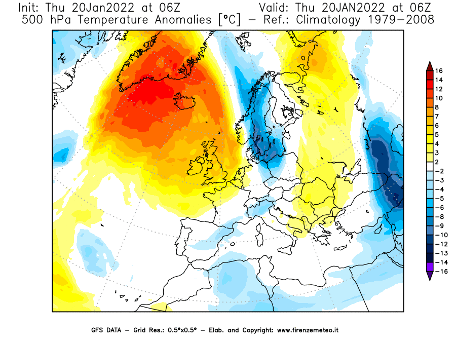Mappa di analisi GFS - Anomalia Temperatura [°C] a 500 hPa in Europa
							del 20/01/2022 06 <!--googleoff: index-->UTC<!--googleon: index-->