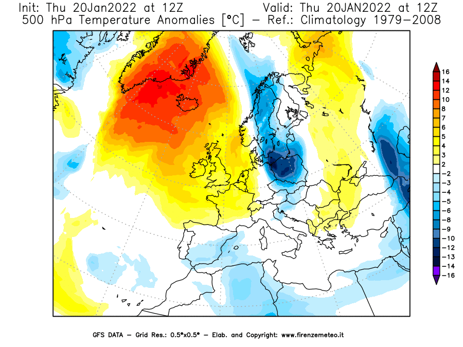Mappa di analisi GFS - Anomalia Temperatura [°C] a 500 hPa in Europa
							del 20/01/2022 12 <!--googleoff: index-->UTC<!--googleon: index-->