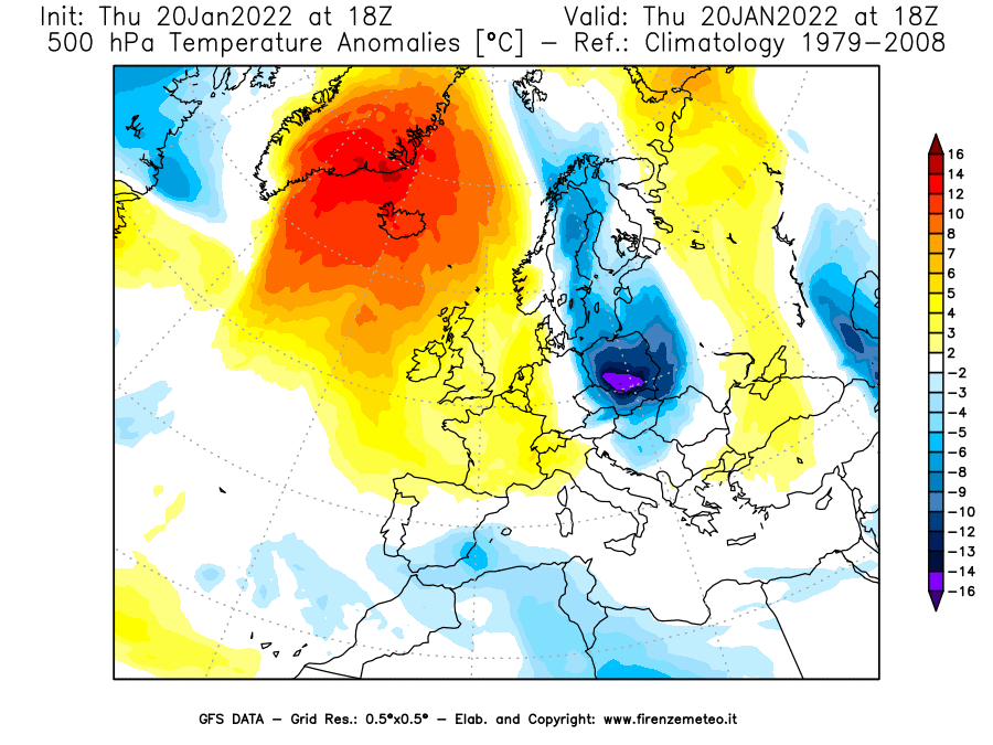 Mappa di analisi GFS - Anomalia Temperatura [°C] a 500 hPa in Europa
							del 20/01/2022 18 <!--googleoff: index-->UTC<!--googleon: index-->