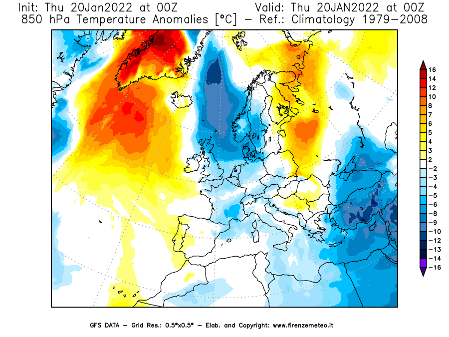 Mappa di analisi GFS - Anomalia Temperatura [°C] a 850 hPa in Europa
							del 20/01/2022 00 <!--googleoff: index-->UTC<!--googleon: index-->