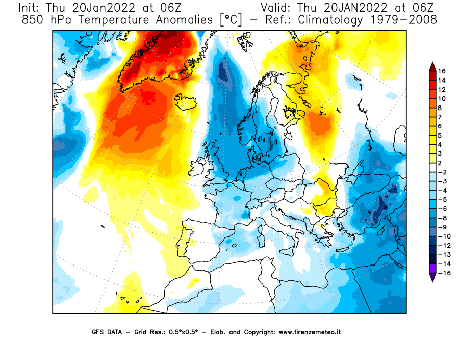 Mappa di analisi GFS - Anomalia Temperatura [°C] a 850 hPa in Europa
							del 20/01/2022 06 <!--googleoff: index-->UTC<!--googleon: index-->