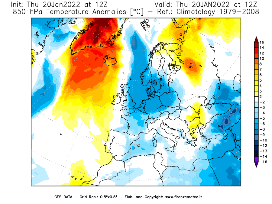Mappa di analisi GFS - Anomalia Temperatura [°C] a 850 hPa in Europa
							del 20/01/2022 12 <!--googleoff: index-->UTC<!--googleon: index-->