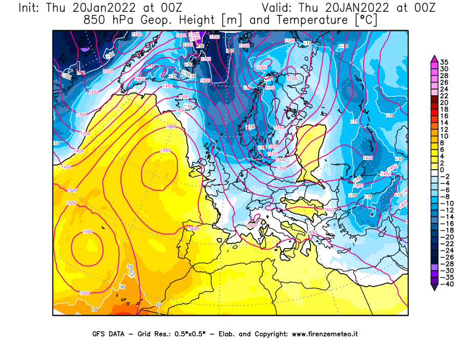 Mappa di analisi GFS - Geopotenziale [m] e Temperatura [°C] a 850 hPa in Europa
							del 20/01/2022 00 <!--googleoff: index-->UTC<!--googleon: index-->