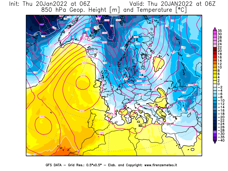Mappa di analisi GFS - Geopotenziale [m] e Temperatura [°C] a 850 hPa in Europa
							del 20/01/2022 06 <!--googleoff: index-->UTC<!--googleon: index-->