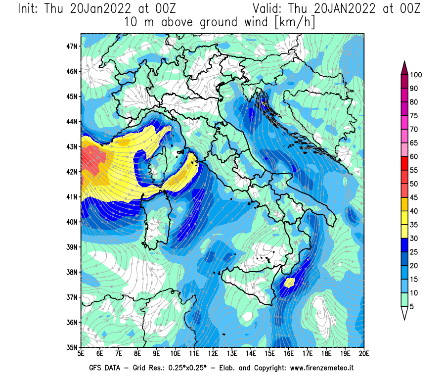 Mappa di analisi GFS - Velocità del vento a 10 metri dal suolo [km/h] in Italia
							del 20/01/2022 00 <!--googleoff: index-->UTC<!--googleon: index-->