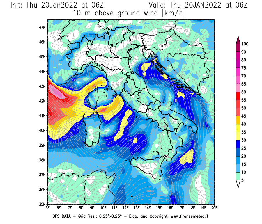 Mappa di analisi GFS - Velocità del vento a 10 metri dal suolo [km/h] in Italia
							del 20/01/2022 06 <!--googleoff: index-->UTC<!--googleon: index-->