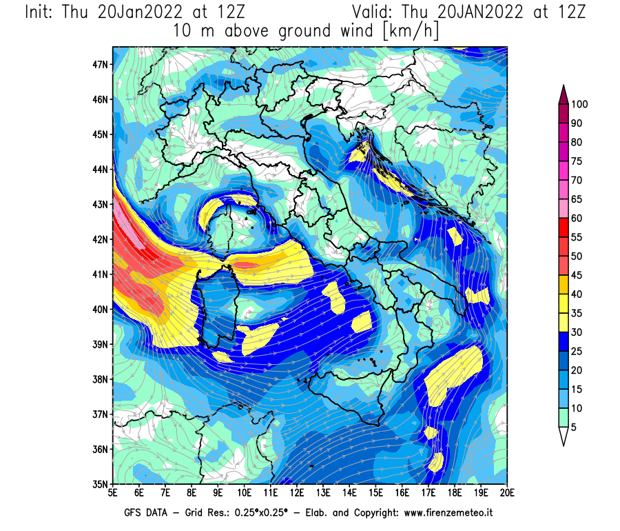 Mappa di analisi GFS - Velocità del vento a 10 metri dal suolo [km/h] in Italia
							del 20/01/2022 12 <!--googleoff: index-->UTC<!--googleon: index-->