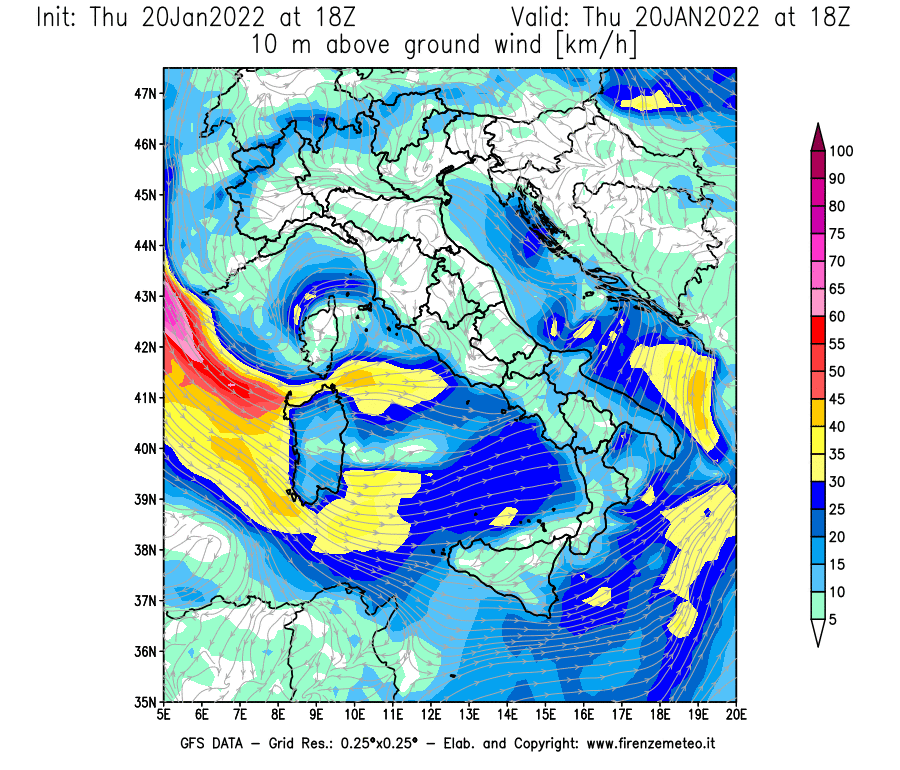Mappa di analisi GFS - Velocità del vento a 10 metri dal suolo [km/h] in Italia
							del 20/01/2022 18 <!--googleoff: index-->UTC<!--googleon: index-->