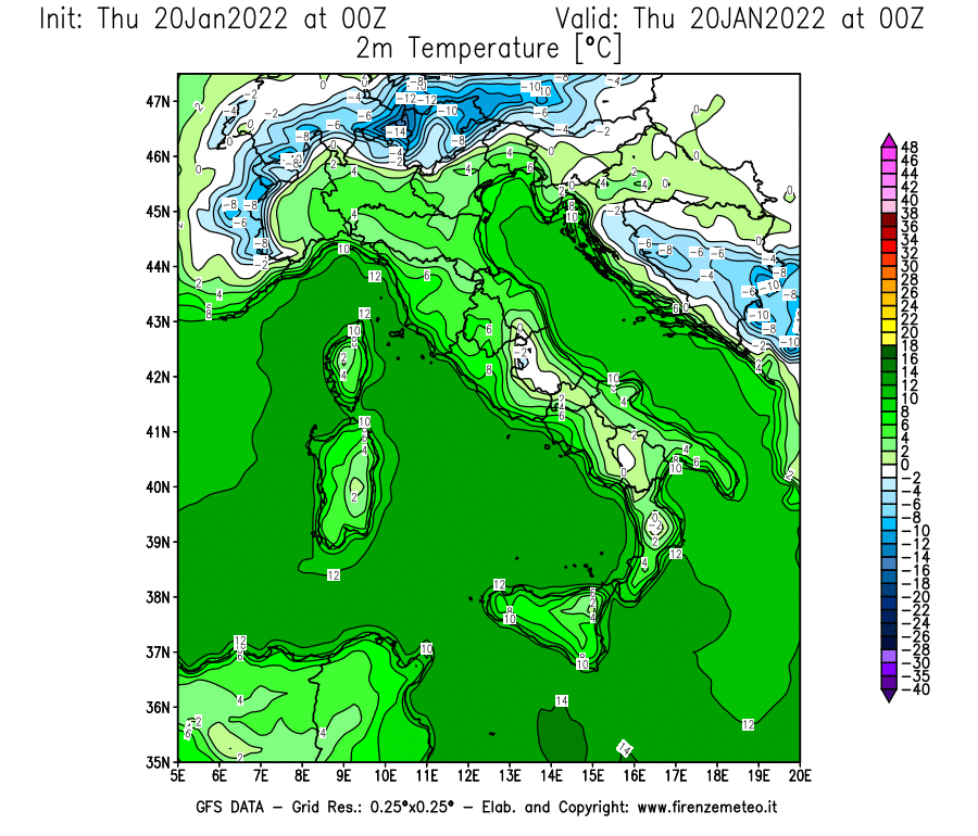 Mappa di analisi GFS - Temperatura a 2 metri dal suolo [°C] in Italia
							del 20/01/2022 00 <!--googleoff: index-->UTC<!--googleon: index-->