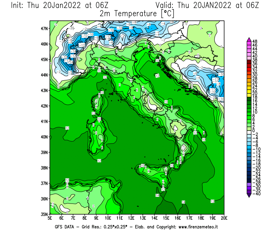 Mappa di analisi GFS - Temperatura a 2 metri dal suolo [°C] in Italia
							del 20/01/2022 06 <!--googleoff: index-->UTC<!--googleon: index-->
