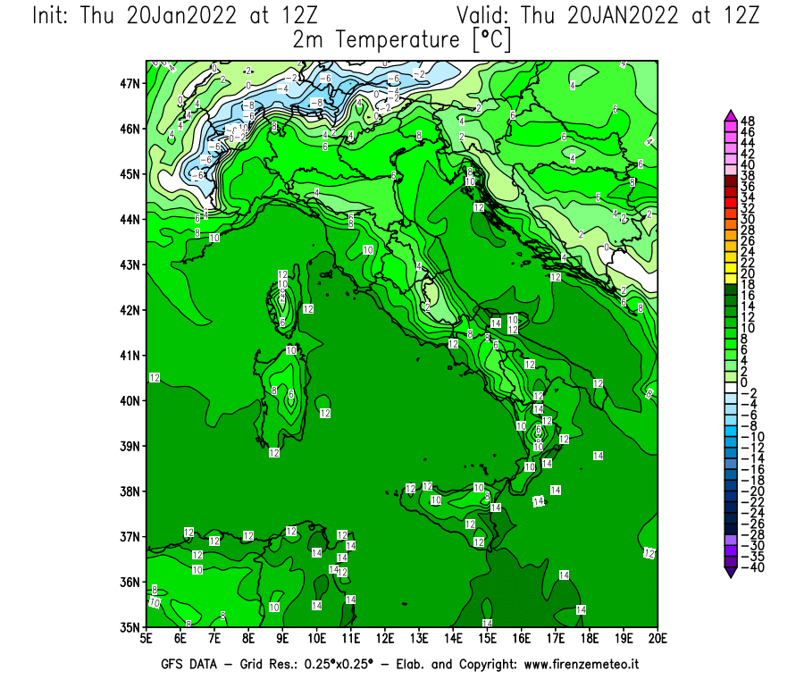 Mappa di analisi GFS - Temperatura a 2 metri dal suolo [°C] in Italia
							del 20/01/2022 12 <!--googleoff: index-->UTC<!--googleon: index-->