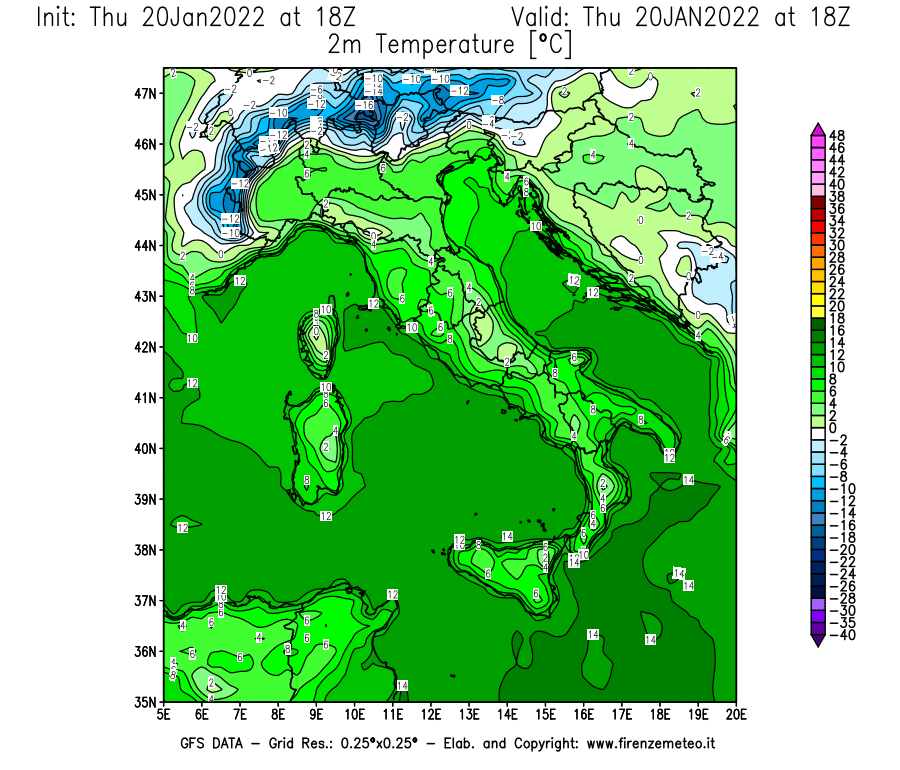 Mappa di analisi GFS - Temperatura a 2 metri dal suolo [°C] in Italia
							del 20/01/2022 18 <!--googleoff: index-->UTC<!--googleon: index-->