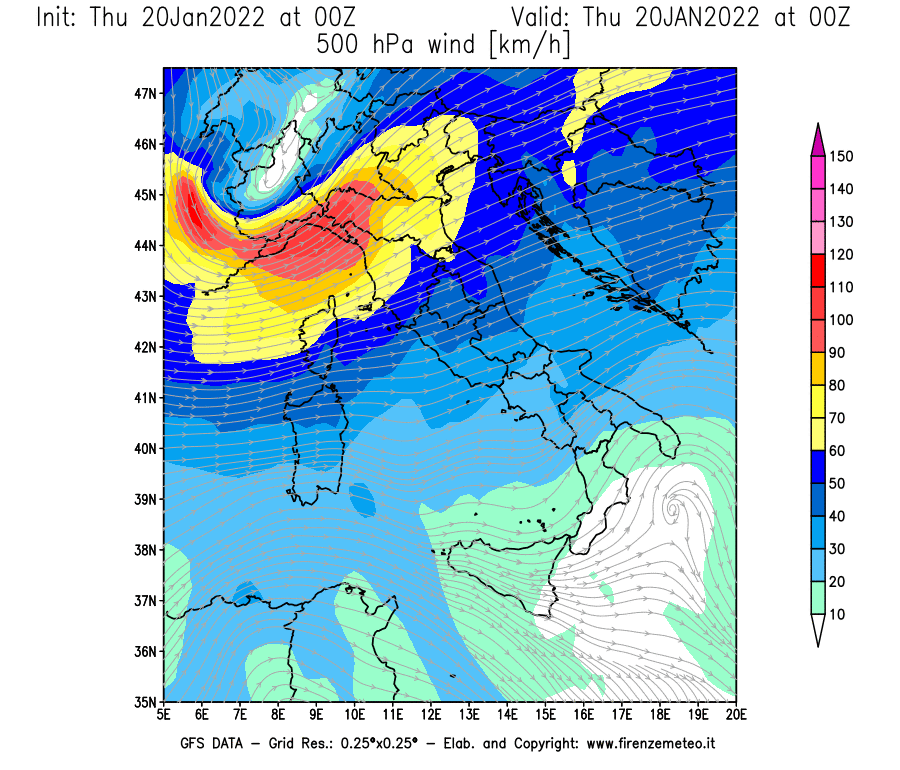 Mappa di analisi GFS - Velocità del vento a 500 hPa [km/h] in Italia
							del 20/01/2022 00 <!--googleoff: index-->UTC<!--googleon: index-->