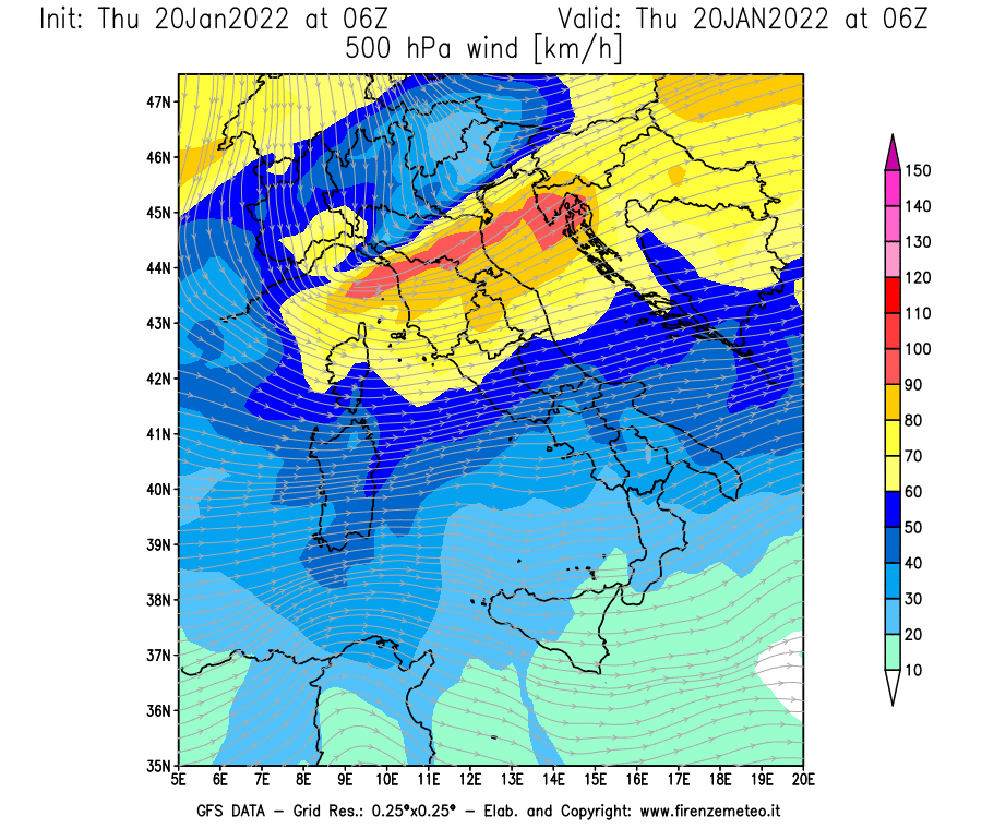 Mappa di analisi GFS - Velocità del vento a 500 hPa [km/h] in Italia
							del 20/01/2022 06 <!--googleoff: index-->UTC<!--googleon: index-->