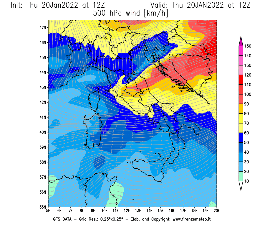Mappa di analisi GFS - Velocità del vento a 500 hPa [km/h] in Italia
							del 20/01/2022 12 <!--googleoff: index-->UTC<!--googleon: index-->