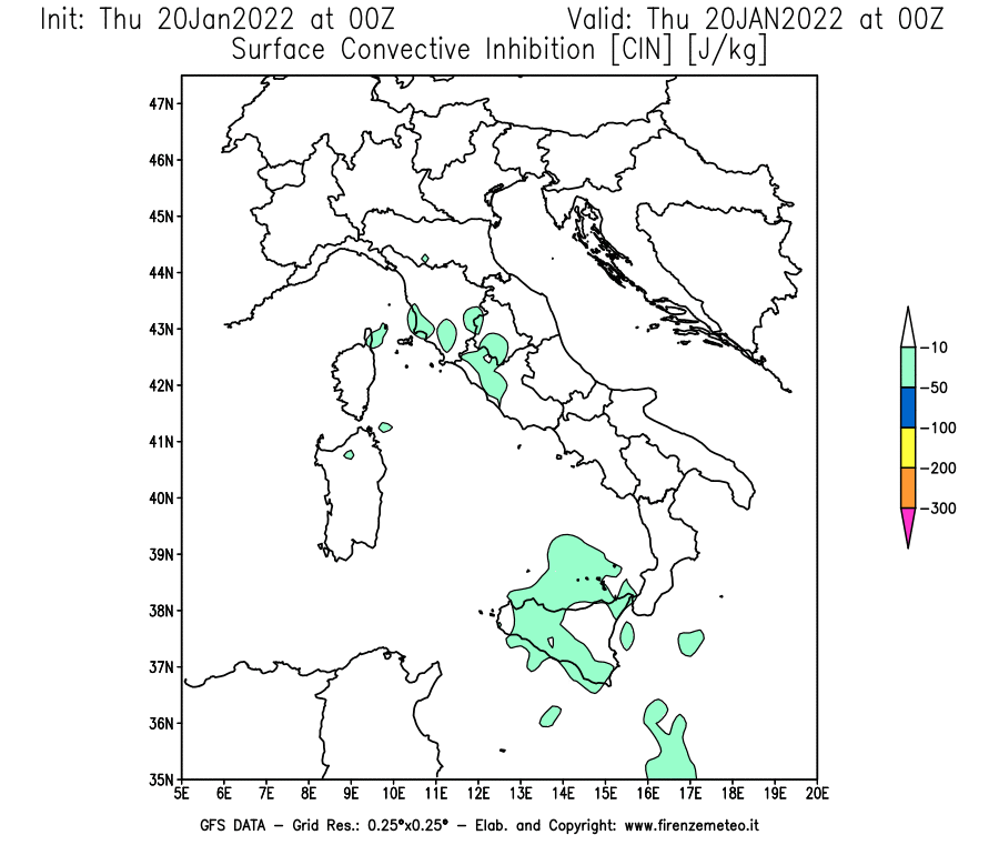 Mappa di analisi GFS - CIN [J/kg] in Italia
							del 20/01/2022 00 <!--googleoff: index-->UTC<!--googleon: index-->
