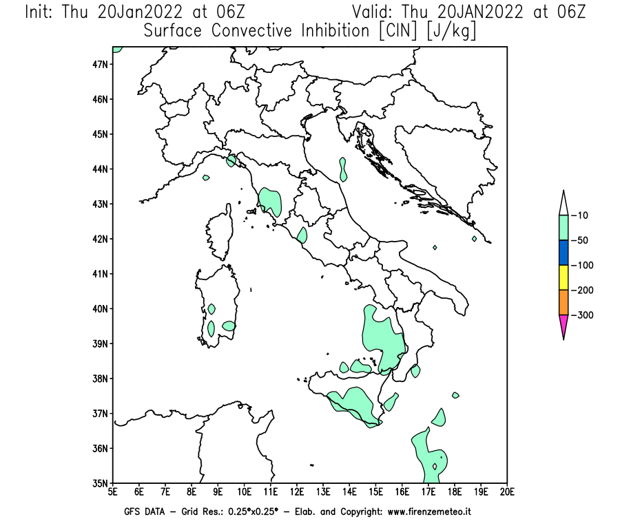 Mappa di analisi GFS - CIN [J/kg] in Italia
							del 20/01/2022 06 <!--googleoff: index-->UTC<!--googleon: index-->
