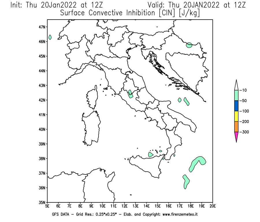 Mappa di analisi GFS - CIN [J/kg] in Italia
							del 20/01/2022 12 <!--googleoff: index-->UTC<!--googleon: index-->