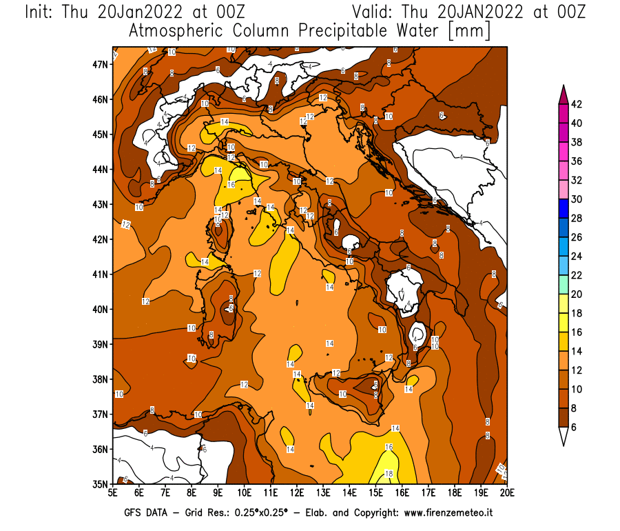 Mappa di analisi GFS - Precipitable Water [mm] in Italia
							del 20/01/2022 00 <!--googleoff: index-->UTC<!--googleon: index-->