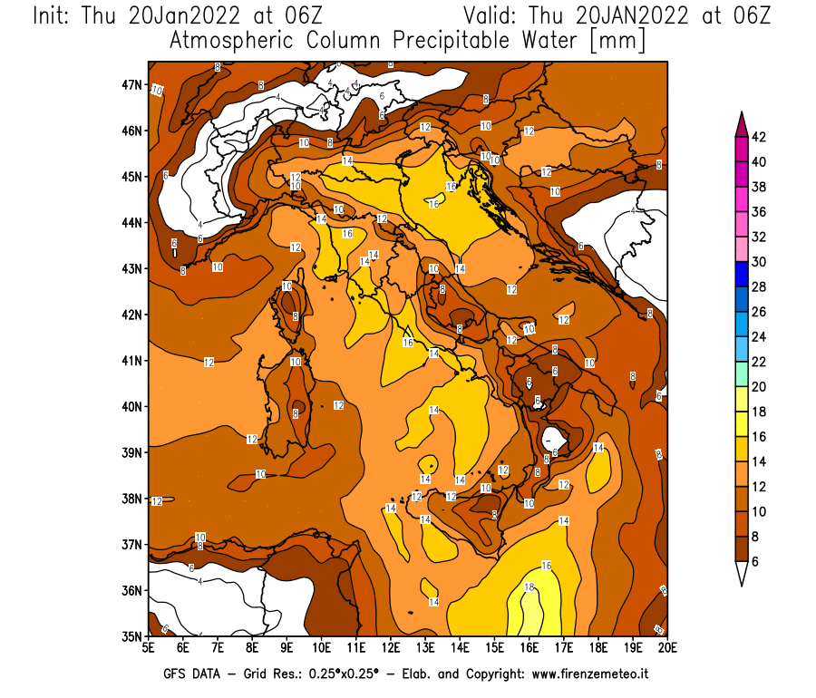 Mappa di analisi GFS - Precipitable Water [mm] in Italia
							del 20/01/2022 06 <!--googleoff: index-->UTC<!--googleon: index-->
