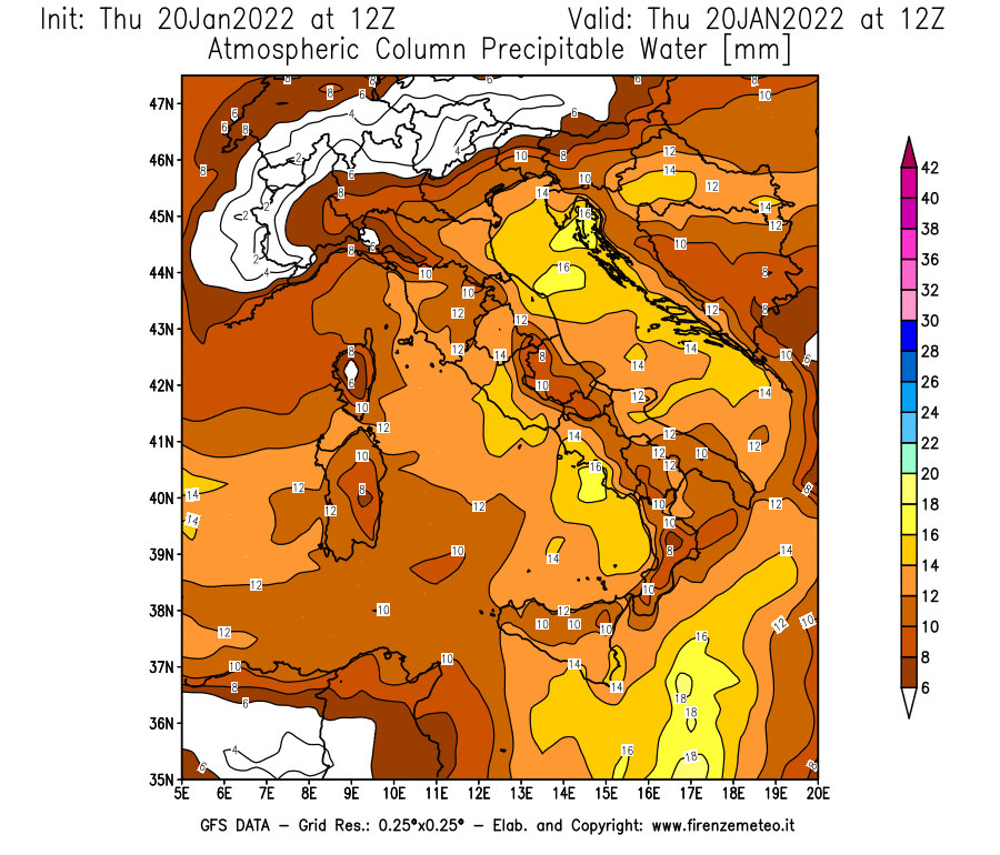 Mappa di analisi GFS - Precipitable Water [mm] in Italia
							del 20/01/2022 12 <!--googleoff: index-->UTC<!--googleon: index-->