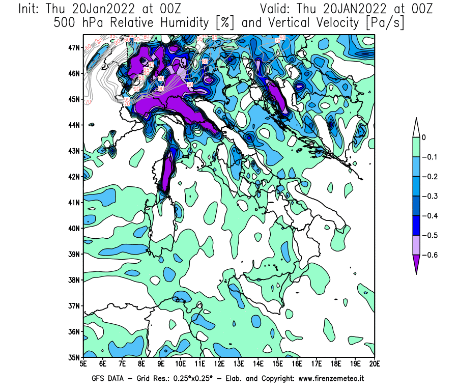 Mappa di analisi GFS - Umidità relativa [%] e Omega [Pa/s] a 500 hPa in Italia
							del 20/01/2022 00 <!--googleoff: index-->UTC<!--googleon: index-->