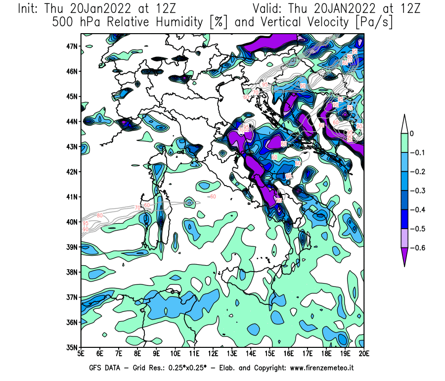 Mappa di analisi GFS - Umidità relativa [%] e Omega [Pa/s] a 500 hPa in Italia
							del 20/01/2022 12 <!--googleoff: index-->UTC<!--googleon: index-->