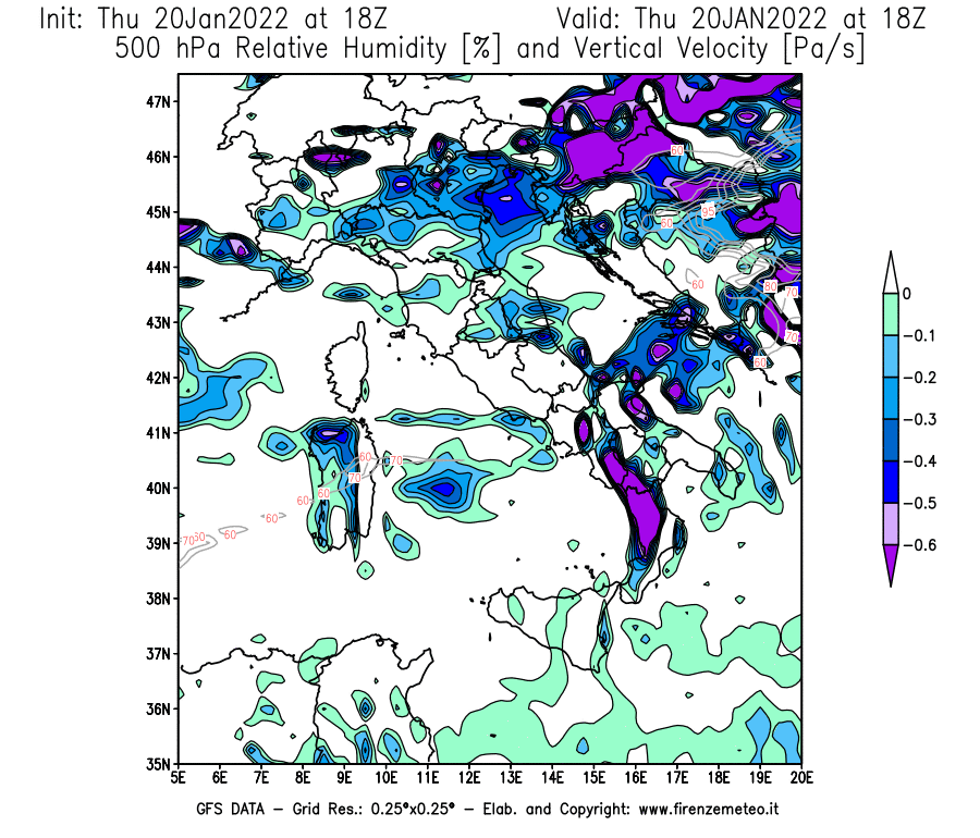 Mappa di analisi GFS - Umidità relativa [%] e Omega [Pa/s] a 500 hPa in Italia
							del 20/01/2022 18 <!--googleoff: index-->UTC<!--googleon: index-->