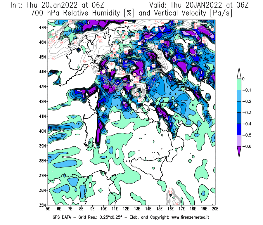 Mappa di analisi GFS - Umidità relativa [%] e Omega [Pa/s] a 700 hPa in Italia
							del 20/01/2022 06 <!--googleoff: index-->UTC<!--googleon: index-->