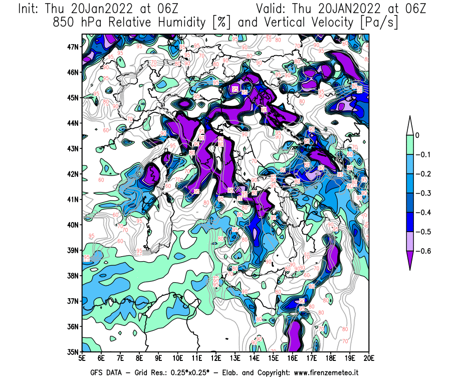 Mappa di analisi GFS - Umidità relativa [%] e Omega [Pa/s] a 850 hPa in Italia
							del 20/01/2022 06 <!--googleoff: index-->UTC<!--googleon: index-->