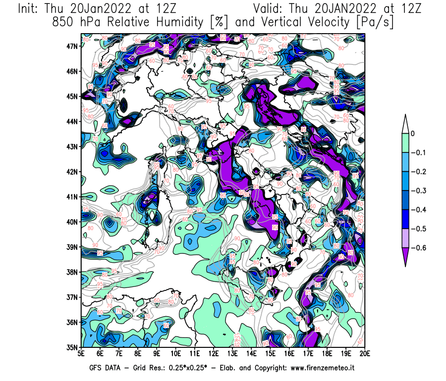 Mappa di analisi GFS - Umidità relativa [%] e Omega [Pa/s] a 850 hPa in Italia
							del 20/01/2022 12 <!--googleoff: index-->UTC<!--googleon: index-->