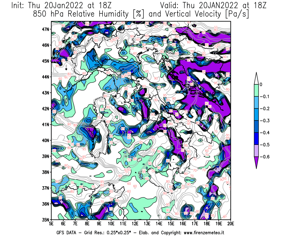 Mappa di analisi GFS - Umidità relativa [%] e Omega [Pa/s] a 850 hPa in Italia
							del 20/01/2022 18 <!--googleoff: index-->UTC<!--googleon: index-->