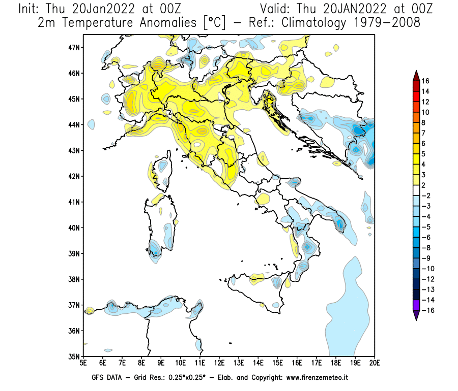 Mappa di analisi GFS - Anomalia Temperatura [°C] a 2 m in Italia
							del 20/01/2022 00 <!--googleoff: index-->UTC<!--googleon: index-->