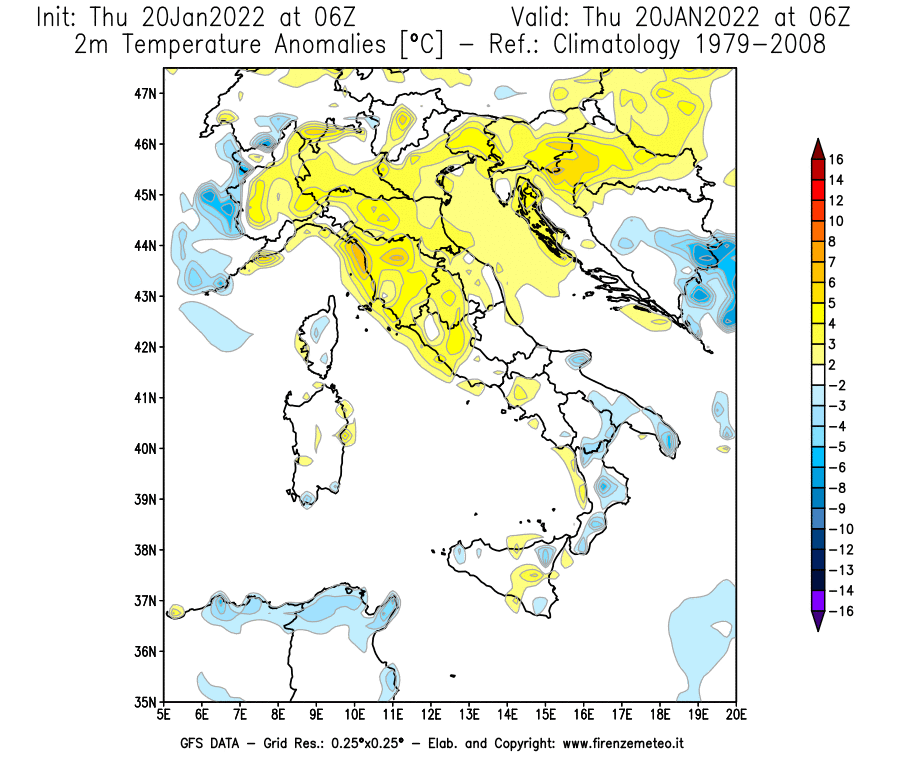 Mappa di analisi GFS - Anomalia Temperatura [°C] a 2 m in Italia
							del 20/01/2022 06 <!--googleoff: index-->UTC<!--googleon: index-->