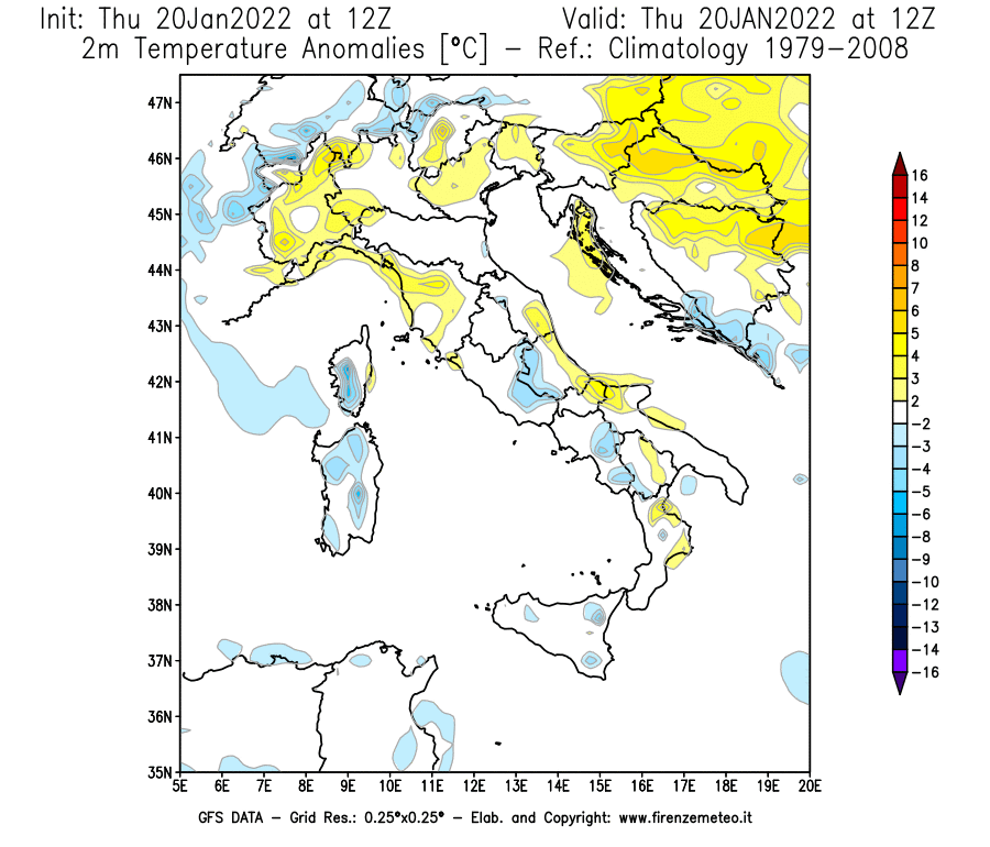 Mappa di analisi GFS - Anomalia Temperatura [°C] a 2 m in Italia
							del 20/01/2022 12 <!--googleoff: index-->UTC<!--googleon: index-->