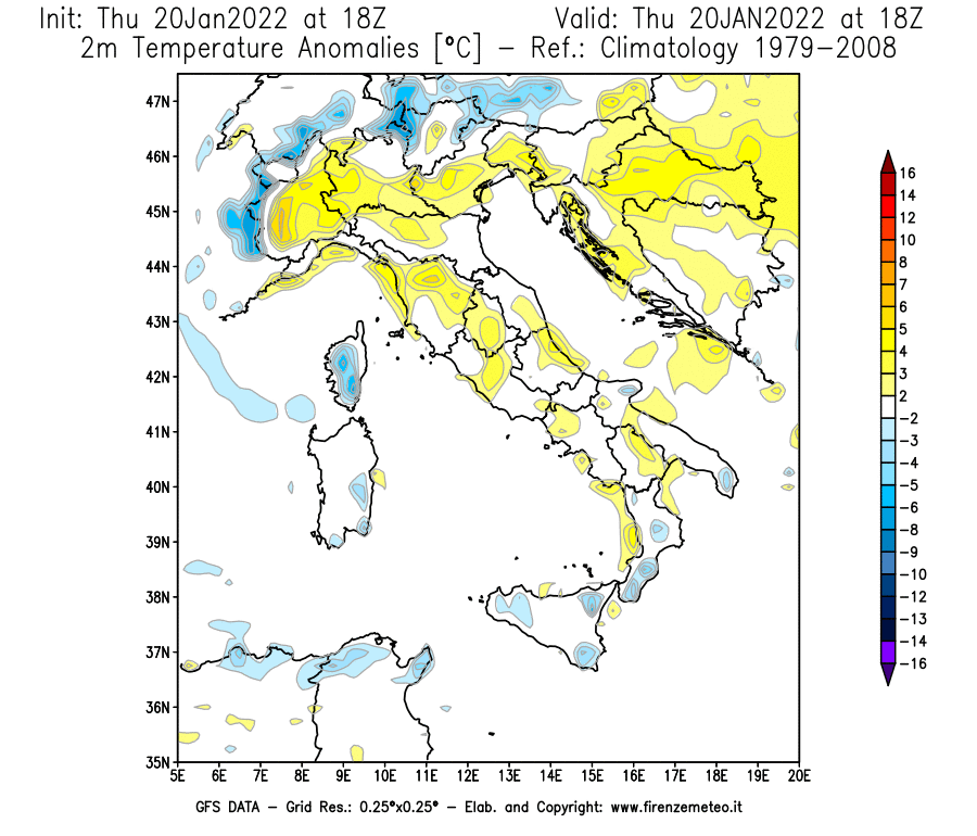 Mappa di analisi GFS - Anomalia Temperatura [°C] a 2 m in Italia
							del 20/01/2022 18 <!--googleoff: index-->UTC<!--googleon: index-->