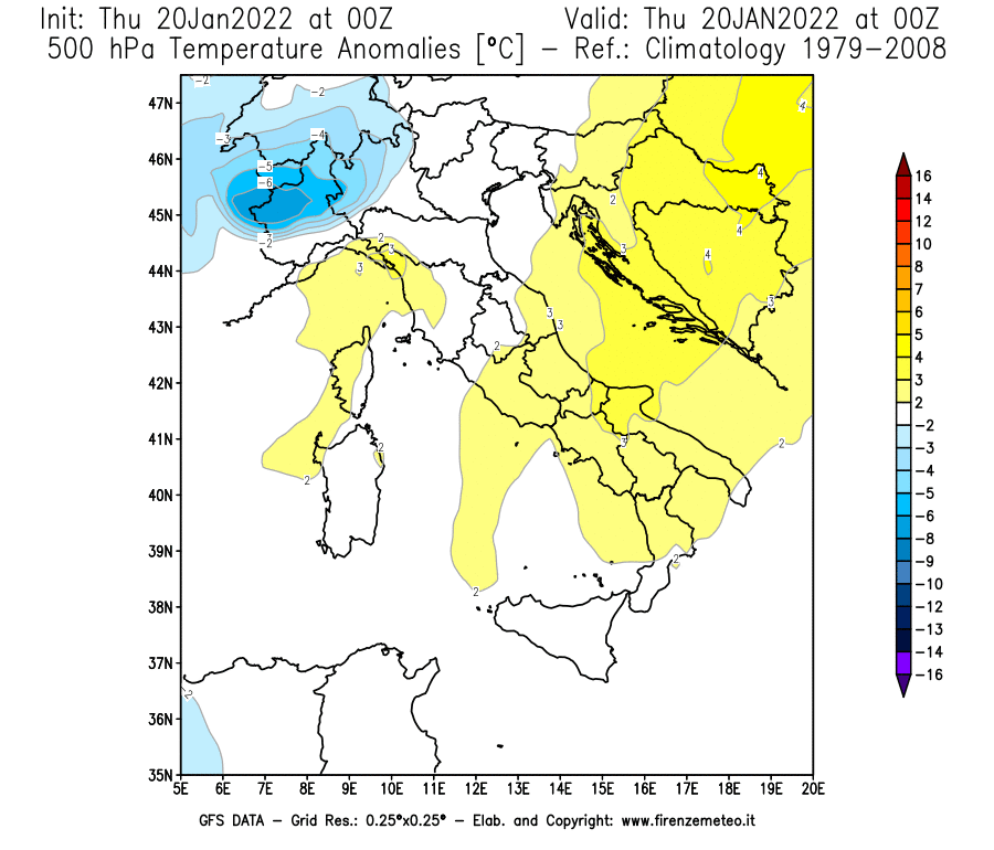 Mappa di analisi GFS - Anomalia Temperatura [°C] a 500 hPa in Italia
							del 20/01/2022 00 <!--googleoff: index-->UTC<!--googleon: index-->