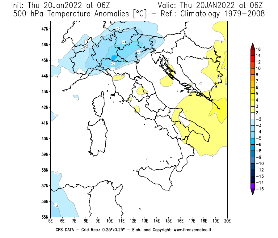 Mappa di analisi GFS - Anomalia Temperatura [°C] a 500 hPa in Italia
							del 20/01/2022 06 <!--googleoff: index-->UTC<!--googleon: index-->