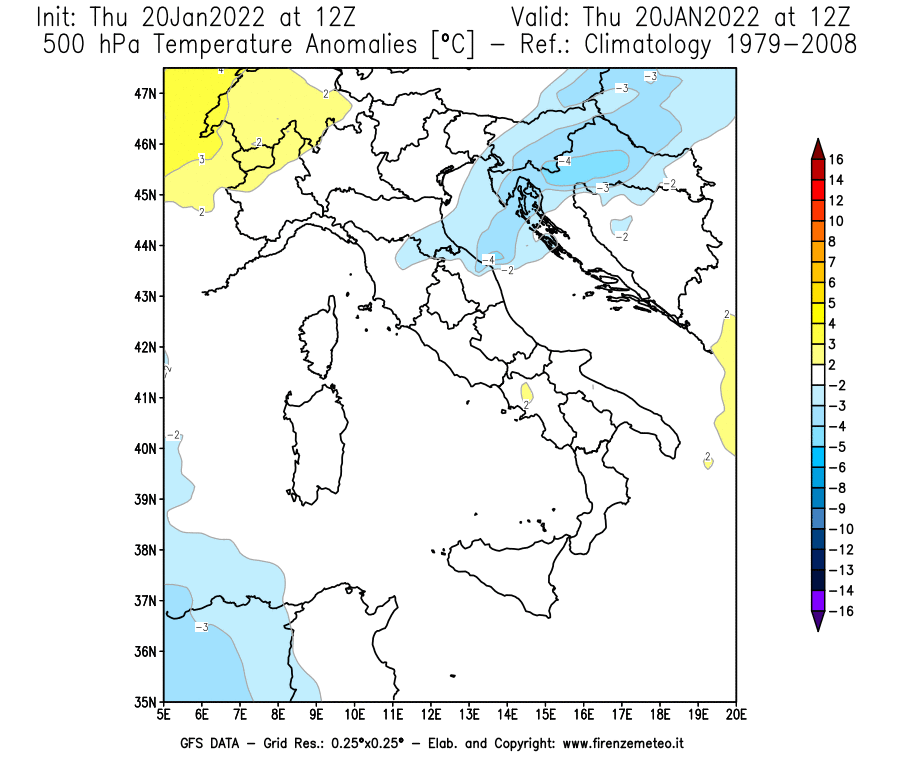 Mappa di analisi GFS - Anomalia Temperatura [°C] a 500 hPa in Italia
							del 20/01/2022 12 <!--googleoff: index-->UTC<!--googleon: index-->