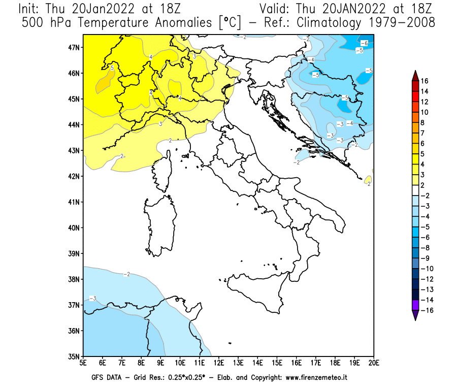 Mappa di analisi GFS - Anomalia Temperatura [°C] a 500 hPa in Italia
							del 20/01/2022 18 <!--googleoff: index-->UTC<!--googleon: index-->