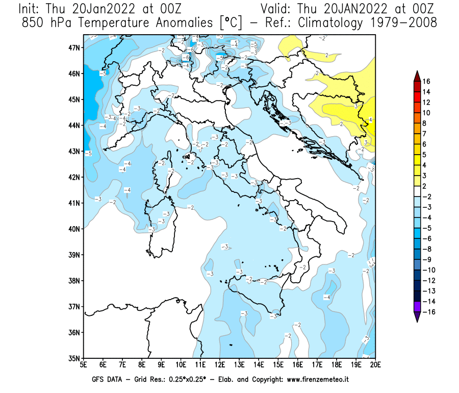 Mappa di analisi GFS - Anomalia Temperatura [°C] a 850 hPa in Italia
							del 20/01/2022 00 <!--googleoff: index-->UTC<!--googleon: index-->
