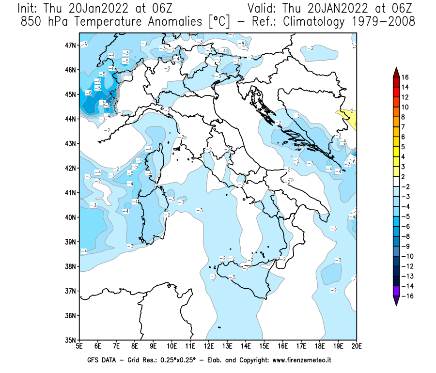 Mappa di analisi GFS - Anomalia Temperatura [°C] a 850 hPa in Italia
							del 20/01/2022 06 <!--googleoff: index-->UTC<!--googleon: index-->
