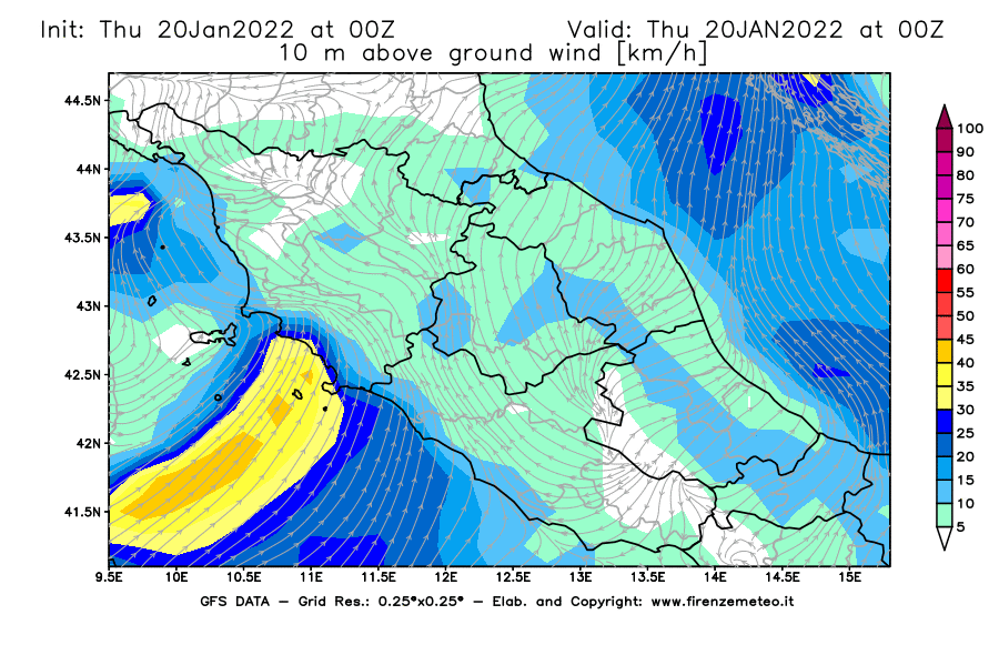 Mappa di analisi GFS - Velocità del vento a 10 metri dal suolo [km/h] in Centro-Italia
							del 20/01/2022 00 <!--googleoff: index-->UTC<!--googleon: index-->