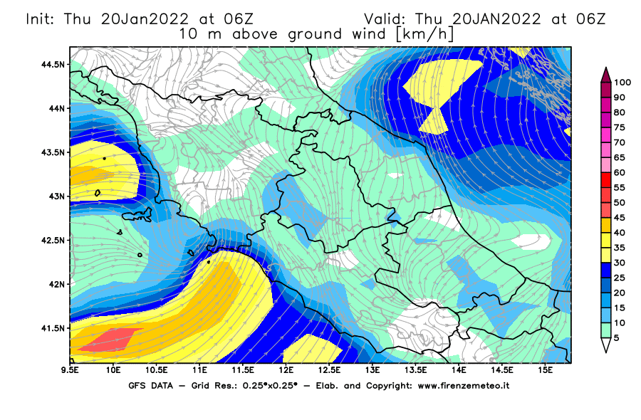 Mappa di analisi GFS - Velocità del vento a 10 metri dal suolo [km/h] in Centro-Italia
							del 20/01/2022 06 <!--googleoff: index-->UTC<!--googleon: index-->