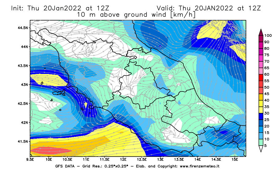 Mappa di analisi GFS - Velocità del vento a 10 metri dal suolo [km/h] in Centro-Italia
							del 20/01/2022 12 <!--googleoff: index-->UTC<!--googleon: index-->