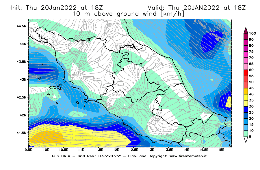 Mappa di analisi GFS - Velocità del vento a 10 metri dal suolo [km/h] in Centro-Italia
							del 20/01/2022 18 <!--googleoff: index-->UTC<!--googleon: index-->