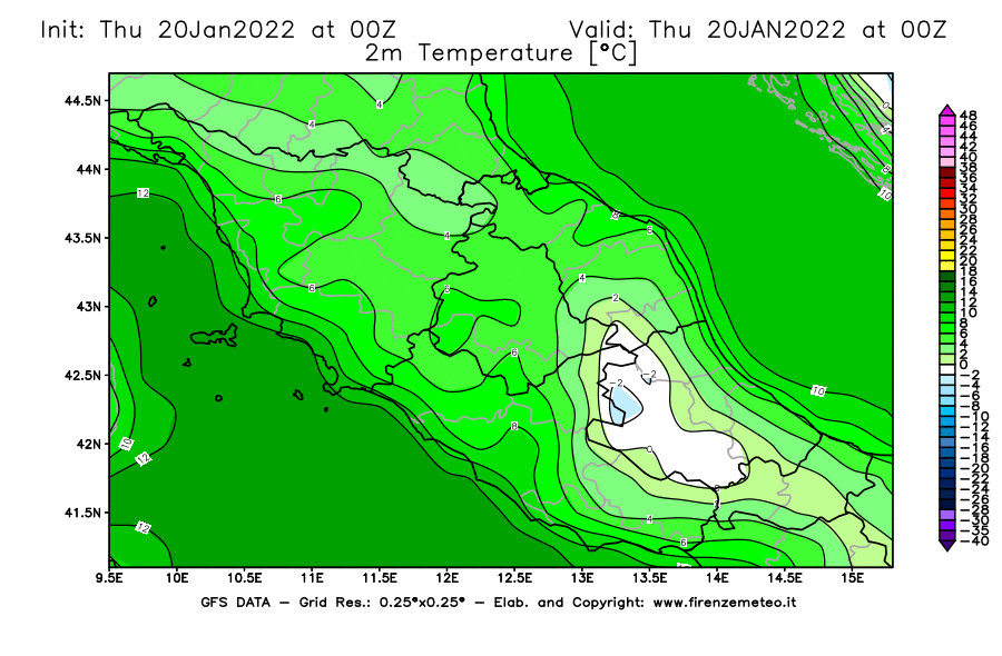 Mappa di analisi GFS - Temperatura a 2 metri dal suolo [°C] in Centro-Italia
							del 20/01/2022 00 <!--googleoff: index-->UTC<!--googleon: index-->