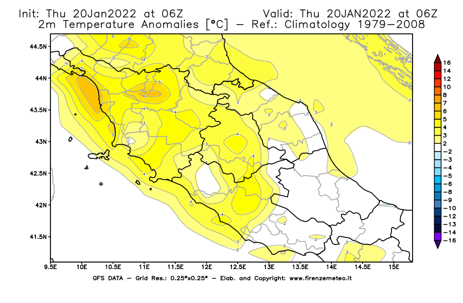 Mappa di analisi GFS - Anomalia Temperatura [°C] a 2 m in Centro-Italia
							del 20/01/2022 06 <!--googleoff: index-->UTC<!--googleon: index-->