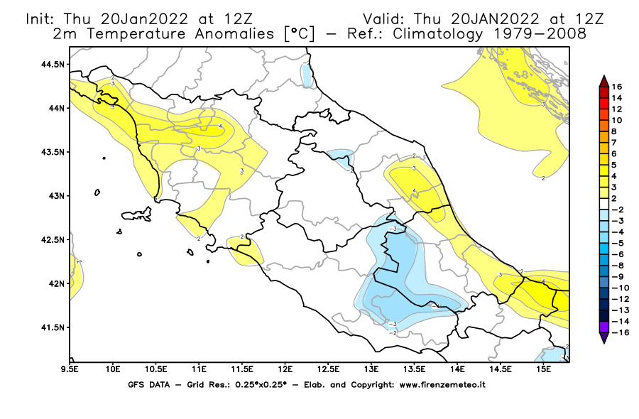 Mappa di analisi GFS - Anomalia Temperatura [°C] a 2 m in Centro-Italia
							del 20/01/2022 12 <!--googleoff: index-->UTC<!--googleon: index-->