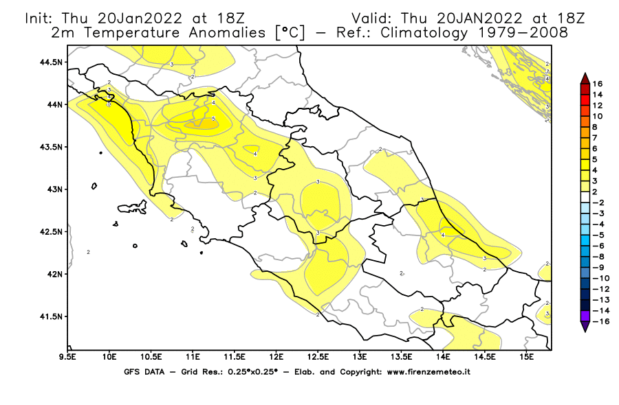 Mappa di analisi GFS - Anomalia Temperatura [°C] a 2 m in Centro-Italia
							del 20/01/2022 18 <!--googleoff: index-->UTC<!--googleon: index-->
